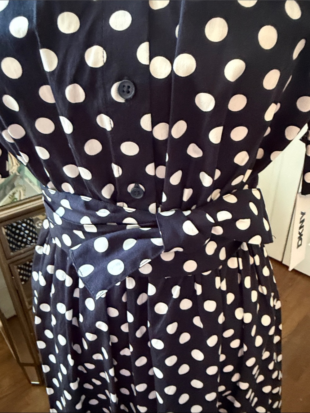 DKNY Navy & White Polka Dot Midi Shirt Dress w/ Tie Waist 4 - Picture 6 of 9